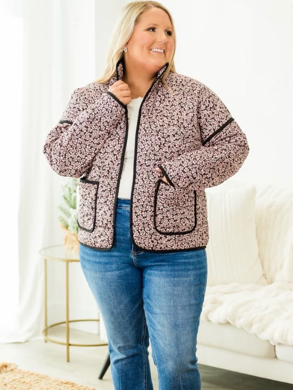 Chic Soul Quilted Pink Floral Jacket 3XL